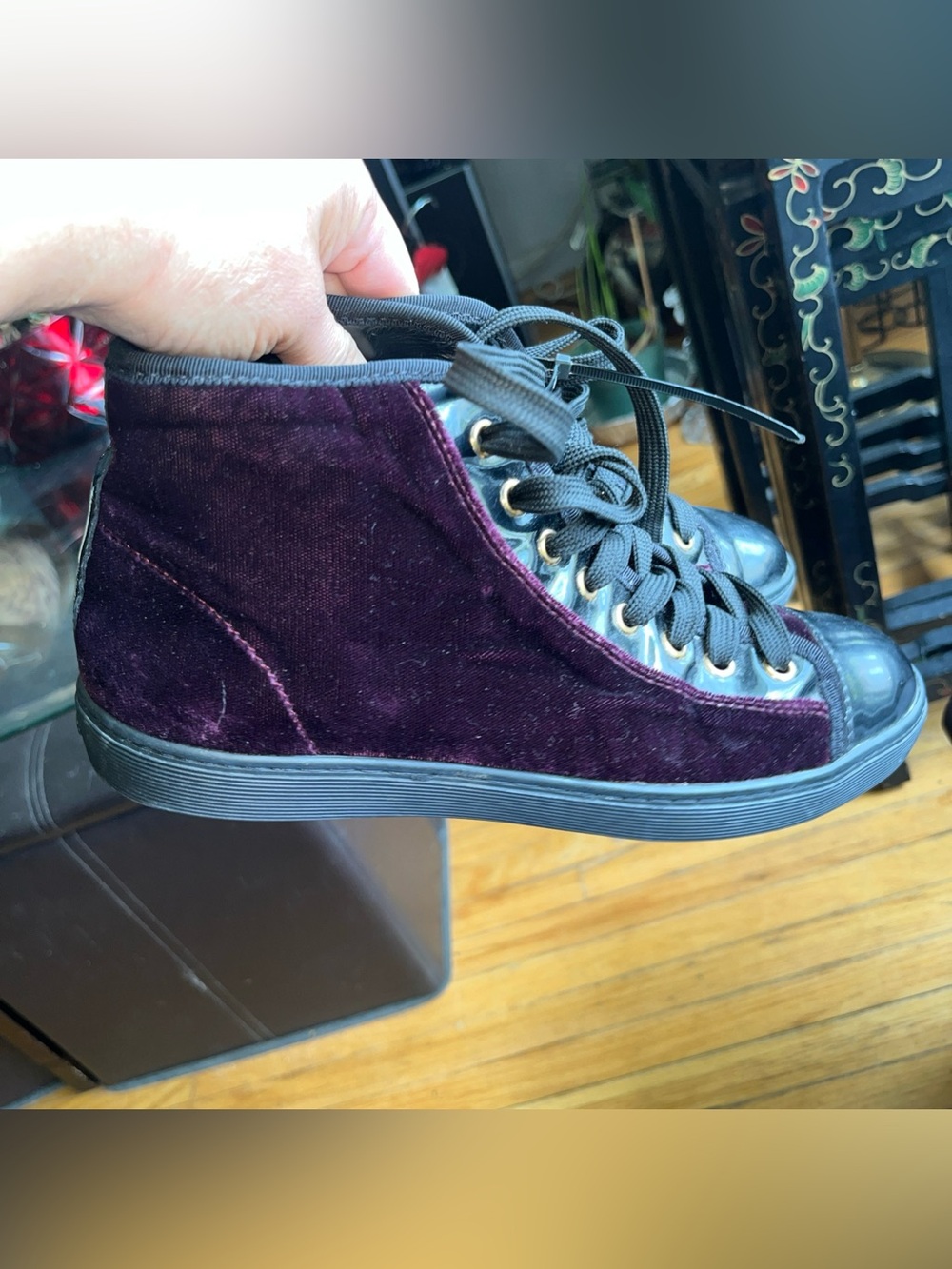 Tod's Burgundy Velvet & Black Leather Lace-Up Ankle Boots